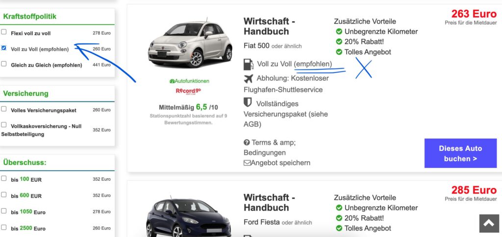 Preiswerte Mietwagen beste Tankregelung