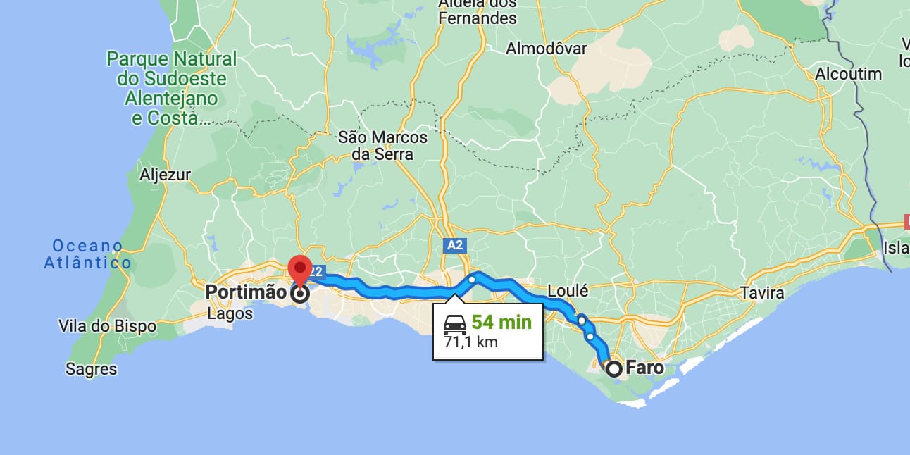 Strassenkarte Faro-Portimao Algarve mit dem Mietwagen